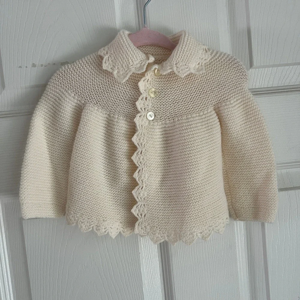 Bamberger's Vintage Knit Cardigan Baby Cream Scalloped Lace Spain Boho